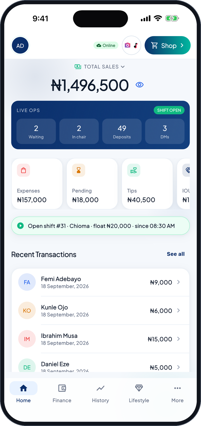 SalonBook owner dashboard on a phone showing total sales, live operations and recent transactions